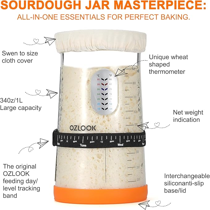 Sourdough Starter Kit,34oz Sourdough Starter Jar,2 X Cotton Rope Banneton Bread Proofing Basket with Bread Lame, Scraper,Sling, Dough Whisk,Perfect Gifts for Bakers Sourdough Bread Baking Supplies