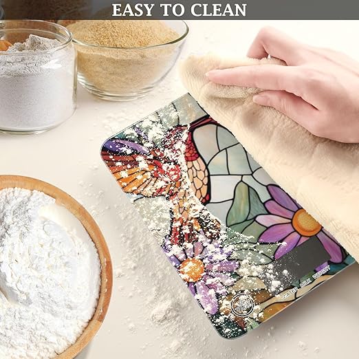 Brown Hummingbirds Purple Daisy Stained Glass Food Scale Kitchen Digital Scale Food Ounces and Grams Dieting Baking Cooking Waterproof Glass Panels LCD Display,4 Units Tare Function