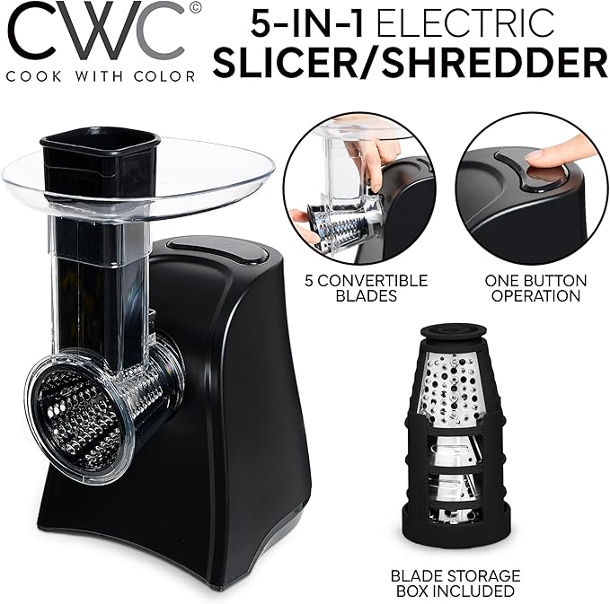 COOK WITH COLOR 5-in-1 Electric Slicer, 150W Food Prep Machine – Cheese Shredder, Fine & Coarse Graters, Potato Grater, Vegetable Slicer, Fruit, Salad Shooter, Compact Design for Bowl Prep, Black