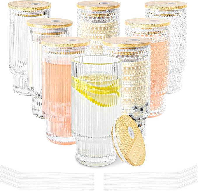 8 Pcs 11oz Drinking Glasses Cups Set with Bamboo Lids Straws Brush Small Vintage Hobonail Ribbed Glassware Set for Juice Iced Coffee Cocktail Whiskey