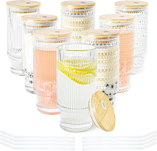 8 Pcs 11oz Drinking Glasses Cups Set with Bamboo Lids Straws Brush Small Vintage Hobonail Ribbed Glassware Set for Juice Iced Coffee Cocktail Whiskey