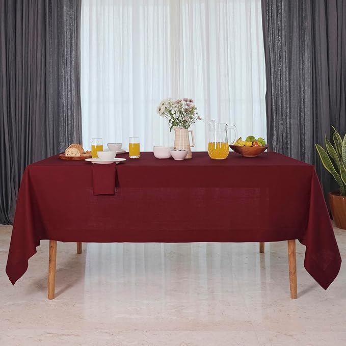 D'Moksha Homes Linen Tablecloth 60 x 120 Inch - 100% Pure Linen Dark Red Table Cloth for Rectangle Tables - Machine Washable Cloth Tablecloth for Summer, Fall and Halloween