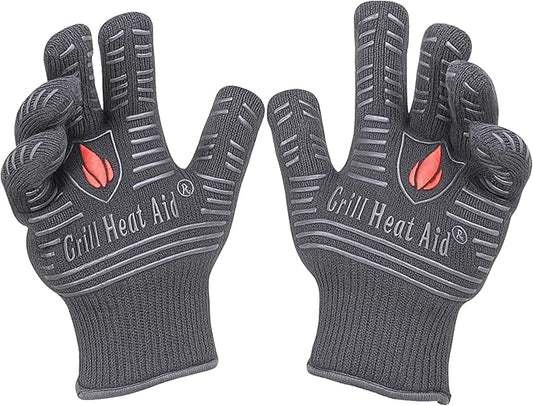 GRILL HEAT AID BBQ Grill Gloves 1472°F - Extreme Heat Resistant Oven Mitts for Grilling, Smoker & Fire Pit with Silicone Grip & EN407 Cut Resistance - Short Cuff, Dusky Gray