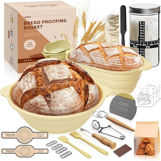 Sourdough Starter Kit,MQFORU Sourdough Bread Baking Supplies with 10" Round & 10" Oval baskets,Silicone Sourdough Bread Kit,Sour Dough Starter Kits for Bakers Wife Mom Women