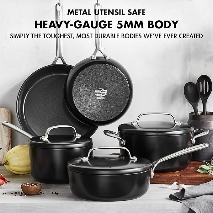 GreenPan GP5 Hard Anodized Healthy Ceramic Nonstick 14 Piece Cookware Pots & Pans Set, Heavy Gauge Scratch Resistant, Stay-Flat-Surface, Induction, Oven Safe, PFAS-Free, Black