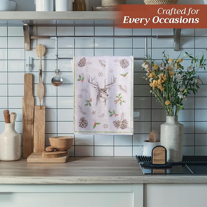 Maison d' Hermine Kitchen Towels Set of 3 100% Cotton 20" x 27.5" Reusable Cloth Tea Dish Towels Absorbent with Hanging Loop for Kitchen Dining Thanksgiving Christmas Decorations (Christmas Dew)