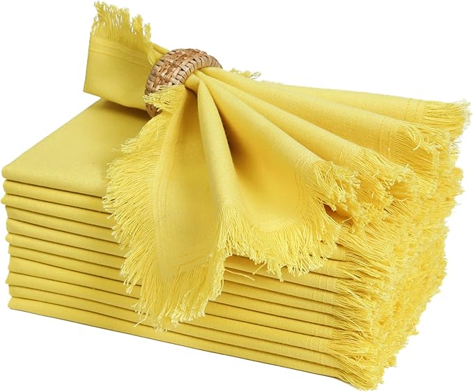 Bedding Craft Cotton Cloth Dinner Napkins Set of 12 – 18x18 Yellow with Decorative Lace Selvedge – Machine Washable Fabric Napkins for Weddings, Baby Showers, Parties & Everyday Dining