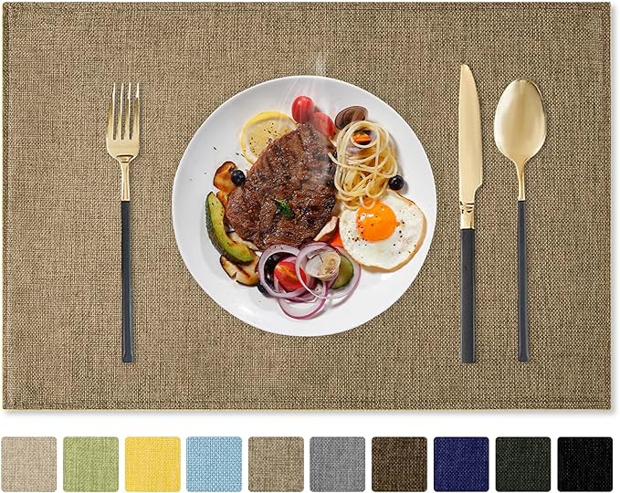 Romanstile Cloth Placemats Set of 6-12 x 18 Inch, Heat Resistant Double Layered Thickened Burlap Place Mats, Washable Faux Linen Farmhouse Table Mats for Kitchen/Dining/Party/Outdoor, Khaki