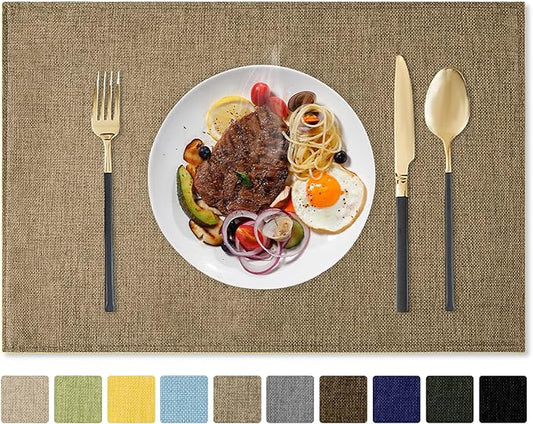Romanstile Cloth Placemats Set of 6-12 x 18 Inch, Heat Resistant Double Layered Thickened Burlap Place Mats, Washable Faux Linen Farmhouse Table Mats for Kitchen/Dining/Party/Outdoor, Khaki