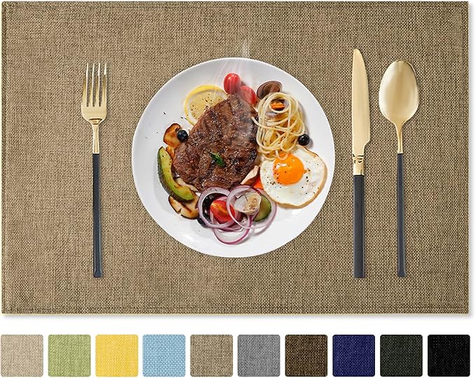 Romanstile Cloth Placemats Set of 4-12 x 18 Inch, Heat Resistant Double Layered Thickened Burlap Place Mats, Washable Faux Linen Farmhouse Table Mats for Kitchen/Dining/Party/Outdoor, Khaki