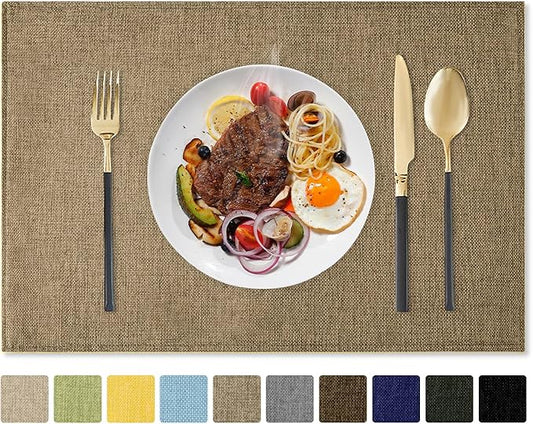 Romanstile Cloth Placemats Set of 4-12 x 18 Inch, Heat Resistant Double Layered Thickened Burlap Place Mats, Washable Faux Linen Farmhouse Table Mats for Kitchen/Dining/Party/Outdoor, Khaki