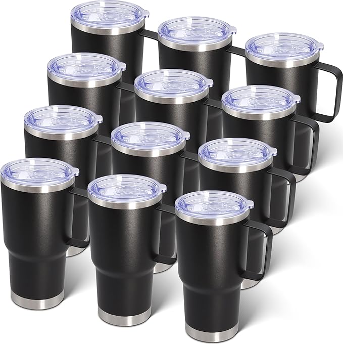 20 oz Tumbler with Handle and Lid, Stainless Steel Tumbler Insulated Travel Coffee Mug, Spill Proof Double Wall Vacuum Tumbler Cup Keep Drink Hot & Cold, Black, 12 Pack