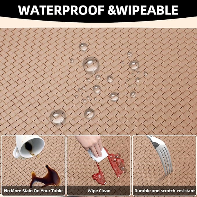 Vinyl Placemats Set of 6-12×17.7 Inch Waterproof & Heattable Placemats, Fall Faux Leather Wipeable Outdoor Table Mat for Dining, Kitchen, Indoor Outdoor Use (Apricot Color, Woven Pattern)