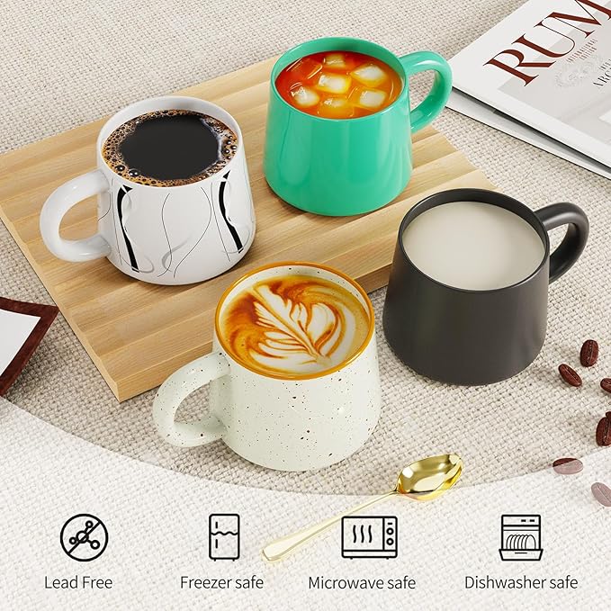 12 oz Coffee Mugs Set of 4, Modern Stackable Coffee Cups Set for Latte, Hot Tea, Cappuccino, Ceramic Coffee Mug Tea Cup, Dishwasher & Microwave Safe, Housewarming Wedding Present (Mixed Color)