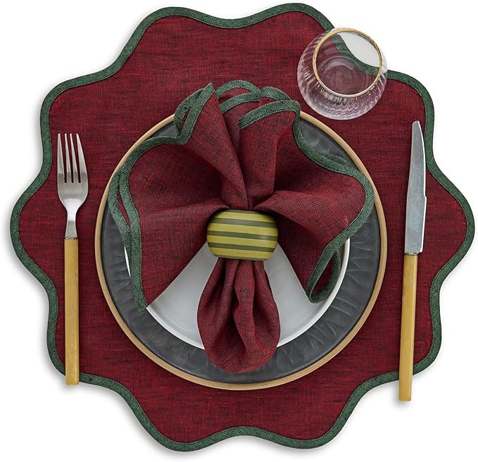 Solino Home Linen Placemats Set of 4-100% Pure Linen Forest Green and Red Garnet Round Cloth Placemats 16 Inch for Fall, Autumn, Thanksgiving - Giselle Scallop Edge, Handcrafted and Machine Washable