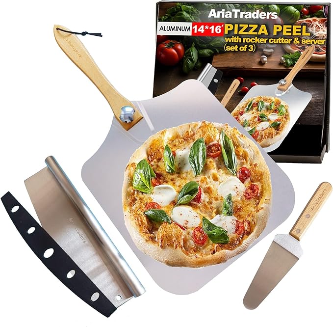 Aluminum Metal Pizza Peel 16 Inch, Extra Large Pizza Paddle (14"X 16") With 14’’ Pizza Cutter Rocker & 10” Pizza Server, Pizza Spatula Paddle With Foldable Wooden Handle For Easy Storage