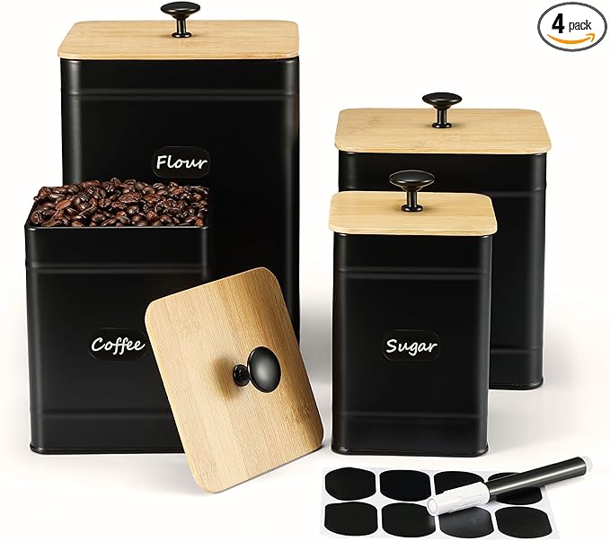 PERFNIQUE Kitchen Canisters, Airtight Canister Sets for Kitchen Counter, Kitchen Canisters for Countertop Set of 4, Coffee Tea Sugar Flour Spice Tin Jars Food Storage Container with Lid(Black)