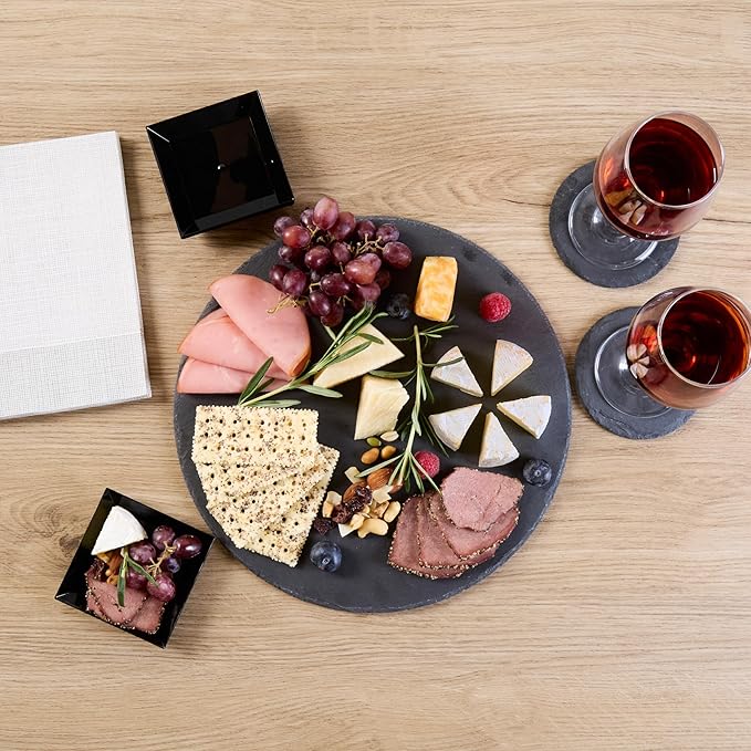 Restaurantware Slate Serving Trays 4 Pack of 11.81" Foam Feet Charcuterie Stone Plates Rustic Edges Freezable Black Square Serving Display Cheese Boards for Kitchen, Gourmet, Dining, Parties