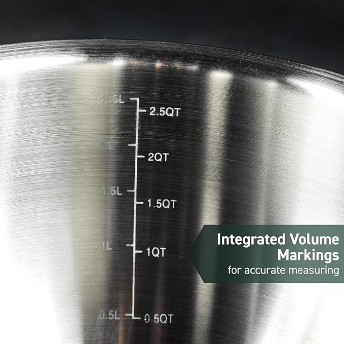 HexClad Stainless Steel Mixing Bowl Set, 3-Piece with Vacuum Seal Lids and Non-Slip Base, 1.3,3 and 5 Quarts