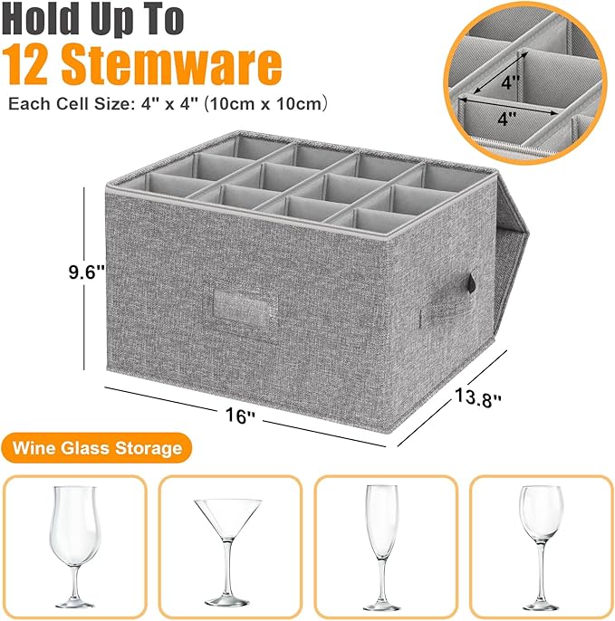 Wine Glass Storage Box 2-Pack, Stemware Container Cases, Stackable w/Hard Shell Top Sides Bottom, Moving Supplies, China Storage Containers for 24 Crystal Glasses Drinkware 9.2'' Tall, Grey