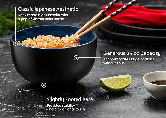 KooK Ramen Bowl, Japanese Bowls, Noodle Bowls, Large Soup Bowl, Ceramic, Large Capacity, For Ramen, Pho, Udon, Soba, Microwave and Dishwasher Safe, 34 oz, Set of 4 (Black/Navy)