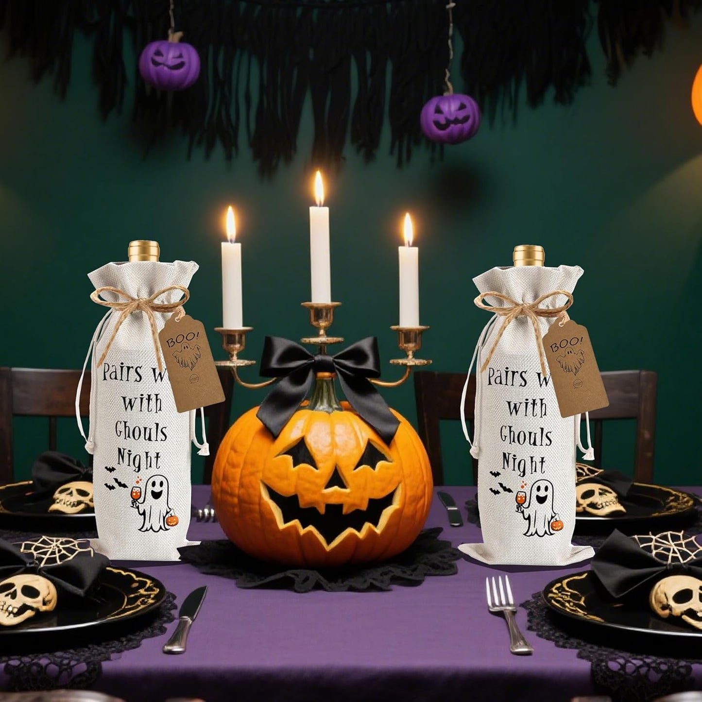 1Pcs Ghouls Night Gifts Wine Bag,Halloween Wine Bag,Happy Halloween Gifts Party Decorations for Women Menwith 1Pcs Kraft Blessing Cards and natural jute rope