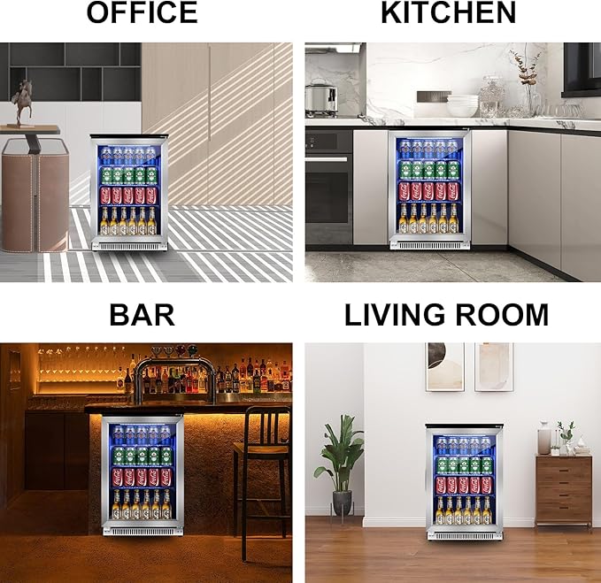 20 Inch Built-in Beverage Refrigerator with 7-Color LED Light, Compact 120 Can Under Counter or Freestanding Stainless Steel Drink Cooler Fridge with Glass Door for Soda & Beer