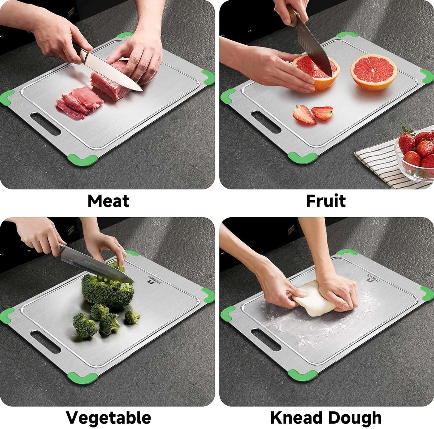 100% Pure Titanium Cutting Board with Grooves, Update Double Side Titanium Chopping Board, Silicone Anti-slip Stainless Cutting Boards for Kitchen 11 * 15 IN, Green
