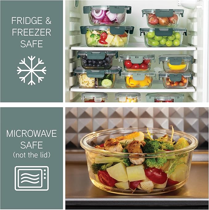 COOK WITH COLOR Premium 32-Pc. Borosilicate Glass Food Container Set with Dividers - 4 Rectangles, 8 Rounds, 4 Squares - Leakproof Lids - Meal Prep, Storage, Ombre Green