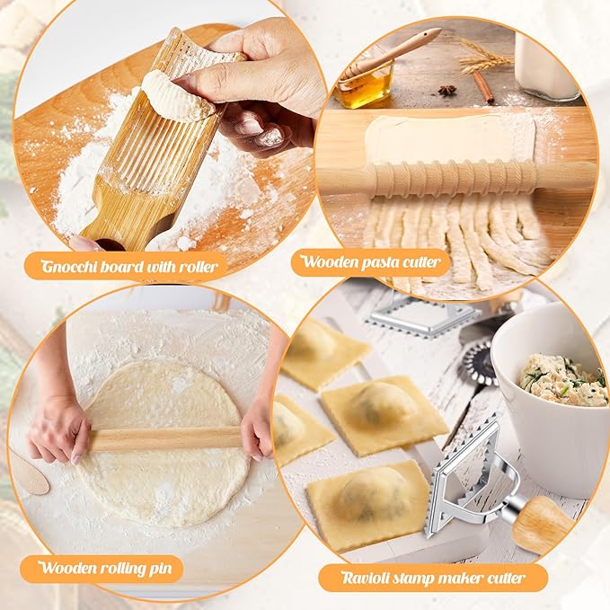 Tioncy 7 Pcs Pasta Making Tool Set Wood Gnocchi Board with Ravioli Stamp Ravioli Maker and Rolling Pin Homemade Gnocco Maker Kitchen Gift for Christmas Baking Lovers(Curved Gnocchi Board Set)
