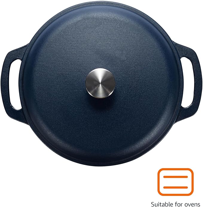 Amazon Basics Cast Iron Dutch Oven Pot with Lid, Enameled, Round, Dual Handles, Heavy-Duty, Medium, 6-Quart, Matte Navy