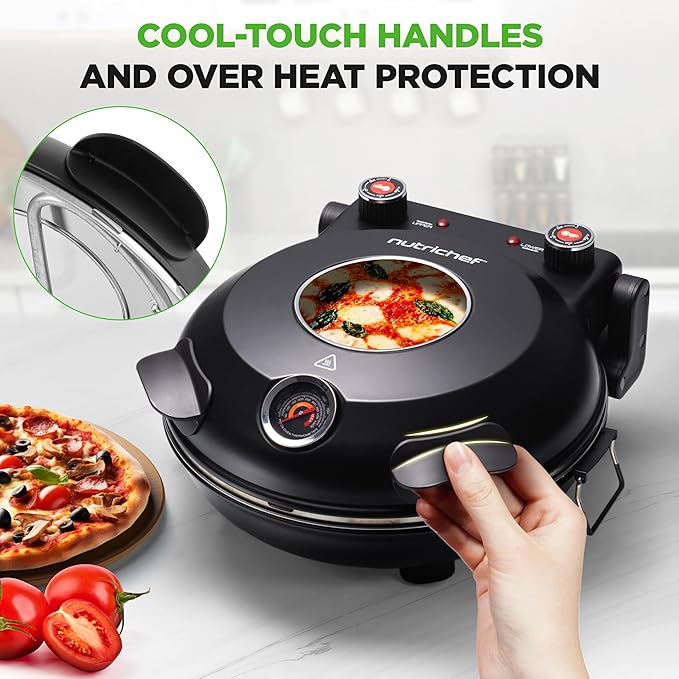 NutriChef Electric Pizza Oven | 1200W Countertop Pizza Maker with Temperature Control & Thermometer | Viewing Window for Precise Cooking | Heats up to 800˚F | Easy to Clean Non-Stick Coating (Black)