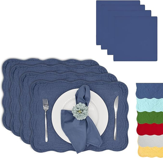 Quilted Placemats Set of 4 with Matching Cotton Napkins – 4 Piece Table Mats & 4 Cloth Napkins – 100% Cotton Table Linen Set for Everyday & Holiday Dining (4, Denim Blue)
