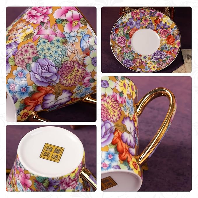 KAMMAK Tea Cups and Saucers Set of 2, Porcelain Coffee Cup with Saucer for Espresso, Cappuccino, 7.5oz Vintage Yellow Floral Ceramic Demitasse Mug for Home, Tea Party, Office