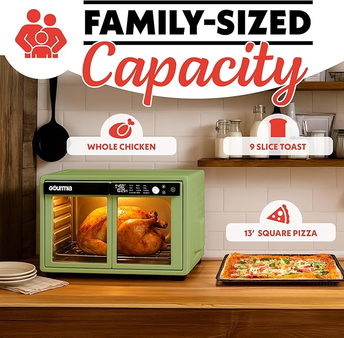Gourmia French Door Digital Air Fryer Oven - XL 37QT Capacity, 12 Presets, FryForce 360° Tech, Dehydrate, Proof, Slow Cook, Fits 13” Pizza, 1700W, Green