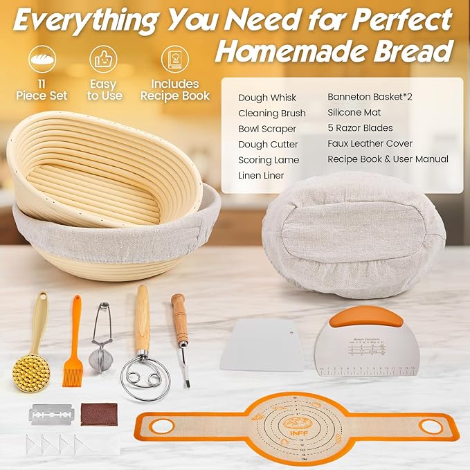 Banneton Bread Proofing Basket Set - Sourdough Starter Kit with 10" Round & 9" Oval Baskets, Linen Liners, Dough Whisk & Sourdough Bread Baking Supplies for Artisan Bread Making