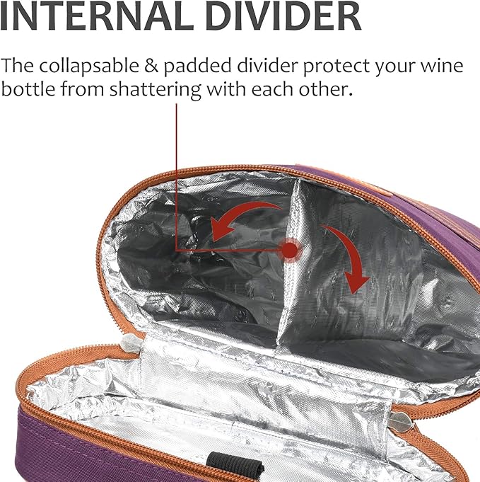 Tirrinia 2 Bottle Wine Gift Tote Carrier - Insulated & Padded Versatile Cooler Bag for Travel, BYOB Restaurant, Wine Tasting, Party, Great Gift for Wine Lover, Purple