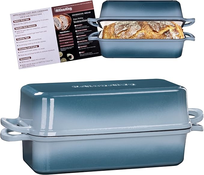 11x5 Inch Cast Iron Bread Loaf Pan With Lid, 5.8 Qt Large Loaf Pan for Sourdough Bread Baking, Heavy Duty Dutch Oven Bread Pan For a Crispy Crust, Seasalt