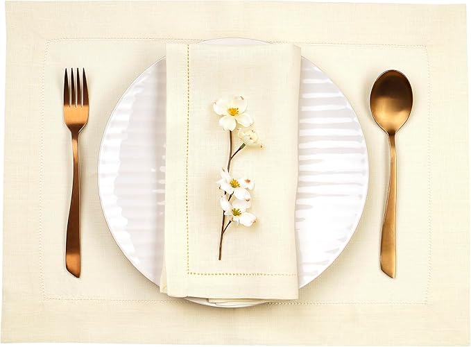 D'Moksha Homes Cream Linen Cloth Placemats Set of 4-100% Pure Linen Hemstitch Placemats 14 x 19 Inch - Classic Hemstitch Table Place Mats for Thanksgiving, Holiday - Handcrafted and Machine Washable