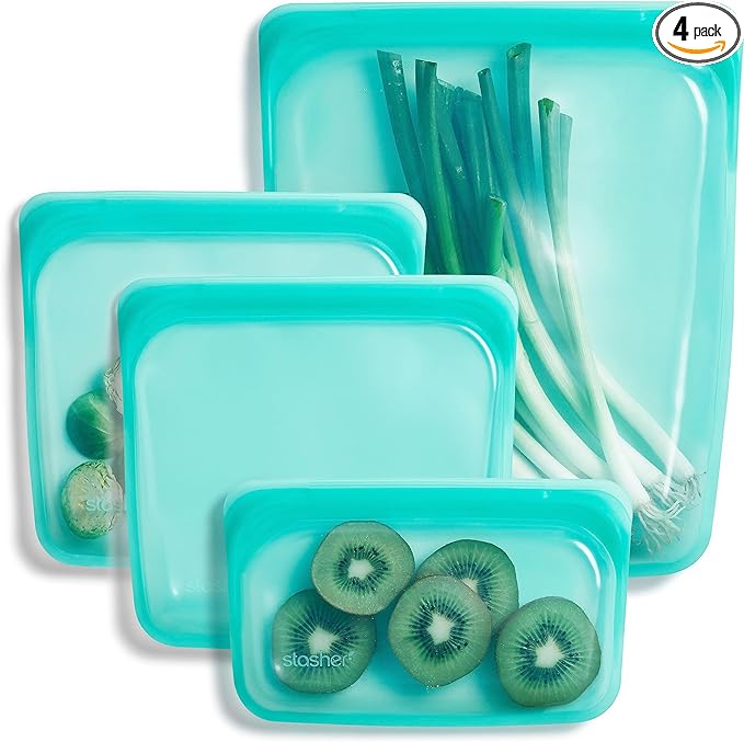 Stasher Premium Silicone Reusable Food Storage Bags, 4-Pack, Aqua, Multi-Use Food Storage Bags, Lunch Bag, Travel Containers, BPA Free, Leak-free, Dishwasher-Safe, Eco-friendly