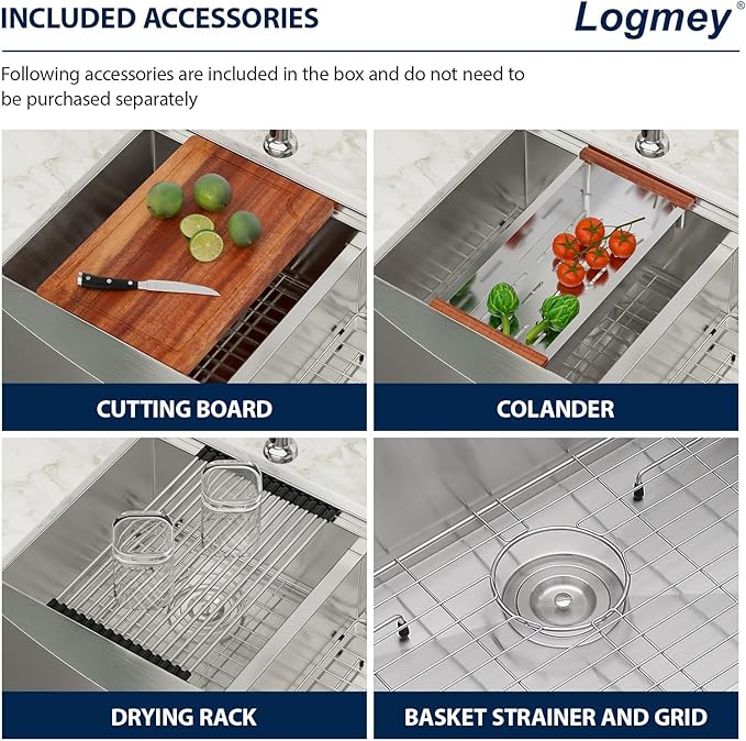 Logmey 33 Farmhouse Sink Double Bowl - 33x21 Inch Stainless Steel Apron Front Kitchen Sink Ledge Workstation Low Divide Double Bowl 50/50 16 Gauge Farm Kitchen Sinks