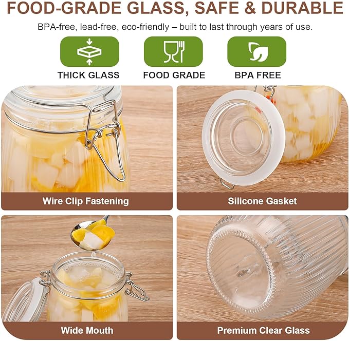 25oz Airtight Glass Jars with Lids, Set of 6 Food Storage Containers & Canisters, Clear Mason Jars with Clamp Seal for Canning, Cereal, Coffee, Pasta, Sugar, Beans & Spices