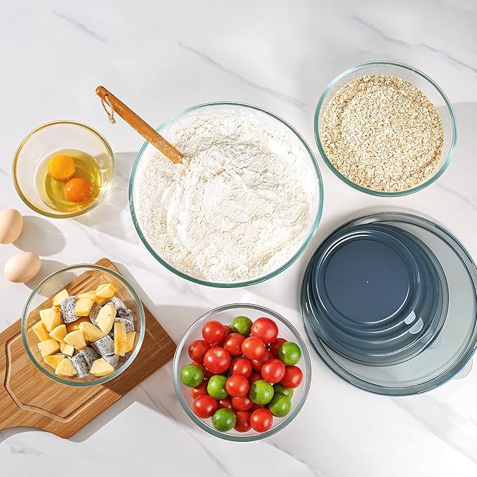 Glass Mixing Bowls with Lids Set of 5(4.78QT,2.2QT,1.7QT,1.1QT,0.85QT),Thick Glass Nesting Bowls for Kitchen Baking,Cooking Prep,Storage,Serving,Large Salad Bowls,Dishwasher Microwave Freezer Safe