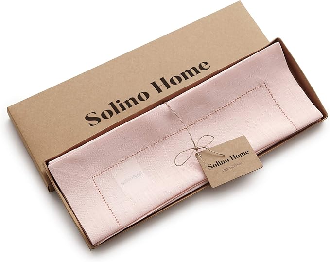 Solino Home Linen Placemats Set of 4 - Classic Hemstitch Pink Placemats 14 x 19 Inch - 100% Pure Linen Table Mats
