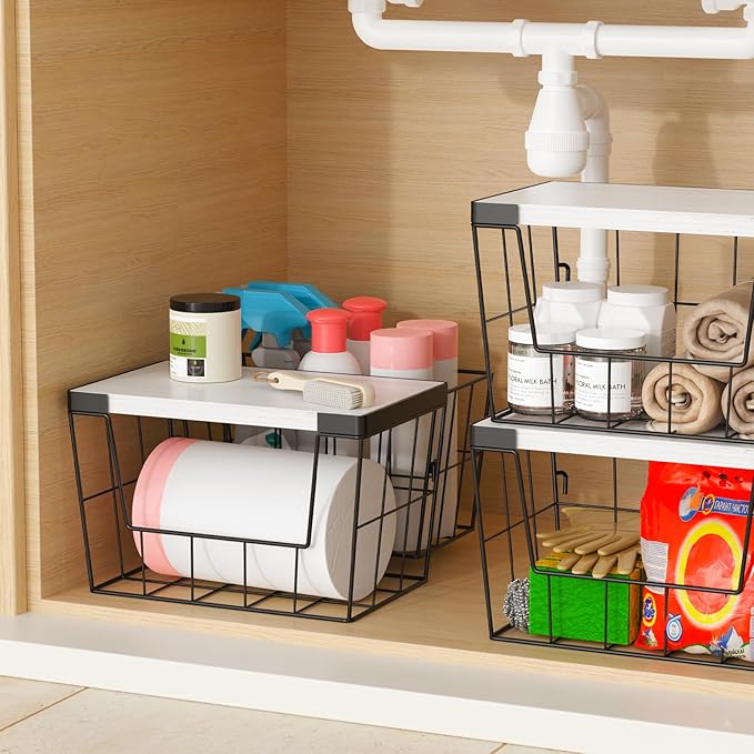 Trash Bag Holder Dispenser 2-Pack, Under Sink Organizer with Wood Lid & Wall Mount, Large Capacity for 13 Gallon Kitchen Trash Bags, Plastic Bag Storage for Laundry Room and Pantry Organization