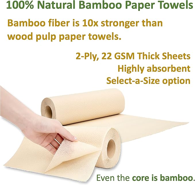 100% Natural Bamboo Toilet Paper, Paper Towel Rolls, tree-free, unbleached, 3-Ply, 4 Paper Towel and 8 Large Toilet Paper Rolls (Home Pack Plus)