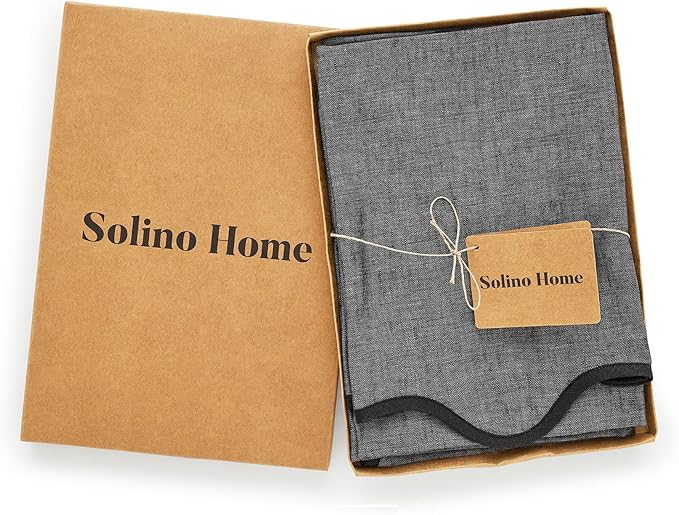 Solino Home Linen Scallop Cloth Napkins Set of 4-100% Pure Linen Black and Charcoal Grey Dinner Napkins 20 Inch for Thanksgiving - Giselle Scallop Edge, Handcrafted and Machine Washable