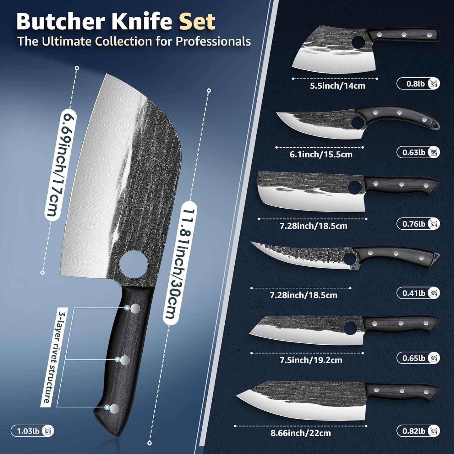 TIVOLI Butcher Knife Set for Meat Cutting, 13Pcs Upgraded High Carbon Steel Hand Forged Kitchen Knife Set with Roll Bag, Viking Chef Knife Set for Kitchen Outdoor BBQ