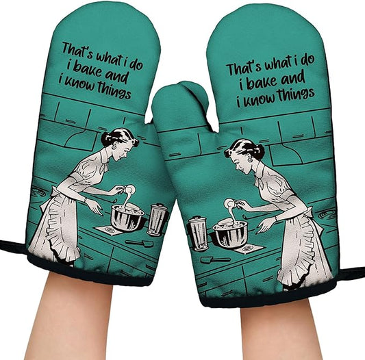 That's What I Do I Bake and I Know Things Funny Oven Mitts with Hanging Loop and Silicone Non-Slip, Housewife Baking Kitchen Utensils 2-Piece Set, Gifts for Bake Lover Mom Wife Sister