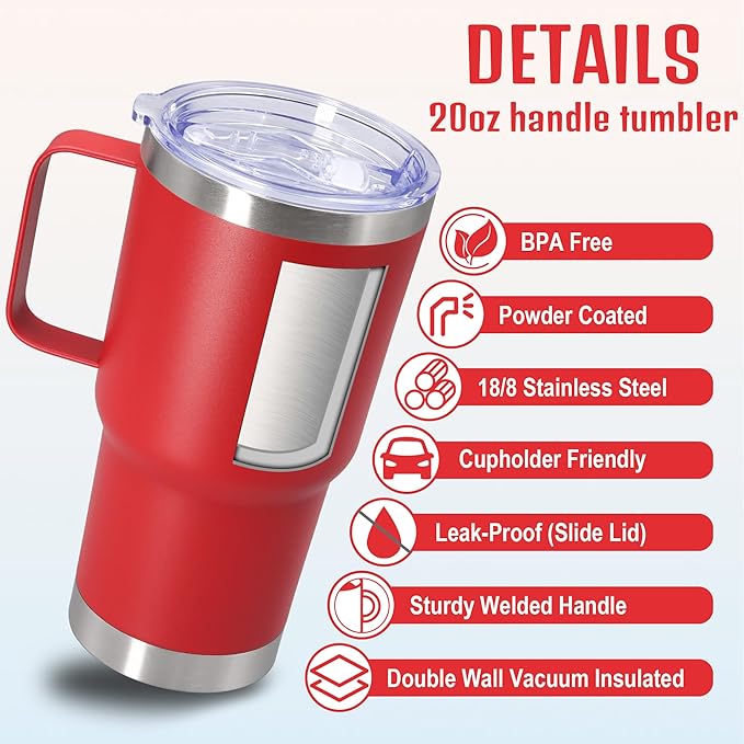 20 oz Tumbler with Handle and Lid, Stainless Steel Tumbler Insulated Travel Coffee Mug, Spill Proof Double Wall Vacuum Tumbler Cup Keep Drink Hot & Cold, Red, 6 Pack